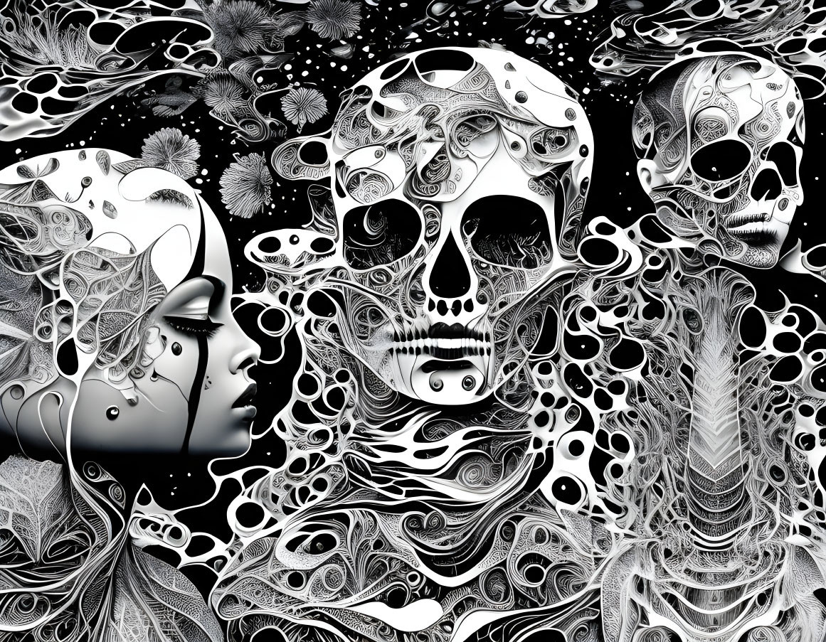 Detailed black and white illustration of ornate human figures and skull motifs