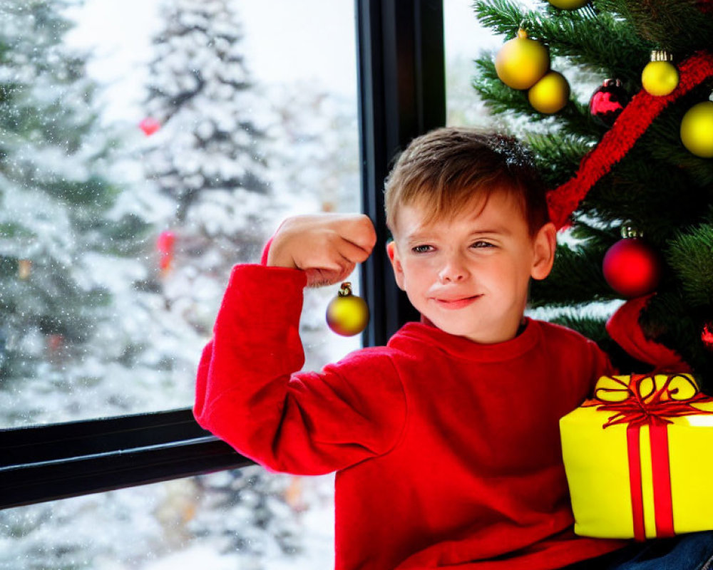 Smiling boy in red sweater flexes muscle by Christmas tree with gift, snowfall visible.