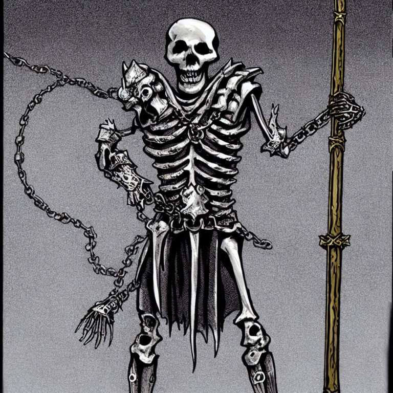 Monochrome skeleton with staff and chain in tattered clothing