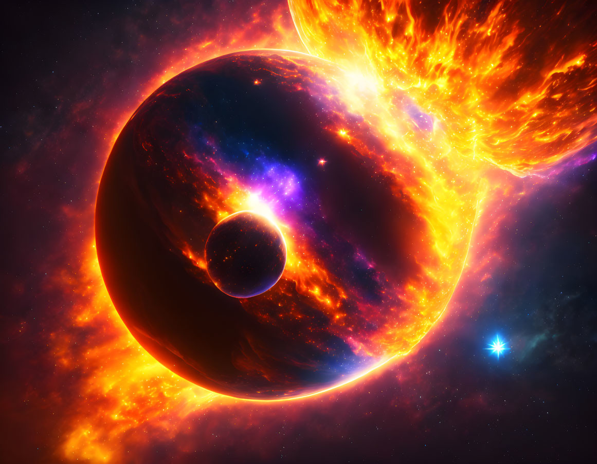 Vibrant cosmic scene: Two planets aligning, fiery solar flares, and distant stars in
