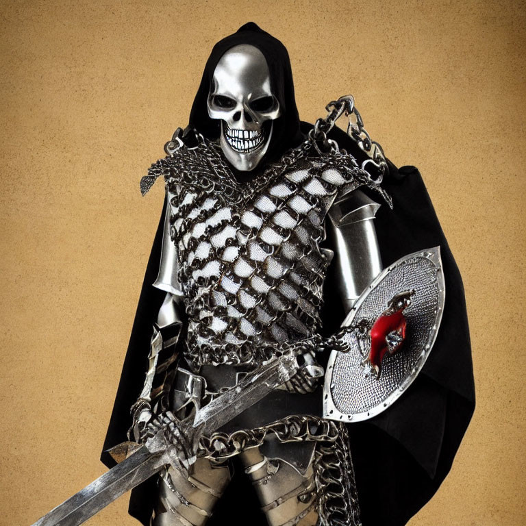 Person in skull mask with hooded cloak holding chained mail, shield, and sword in desert.