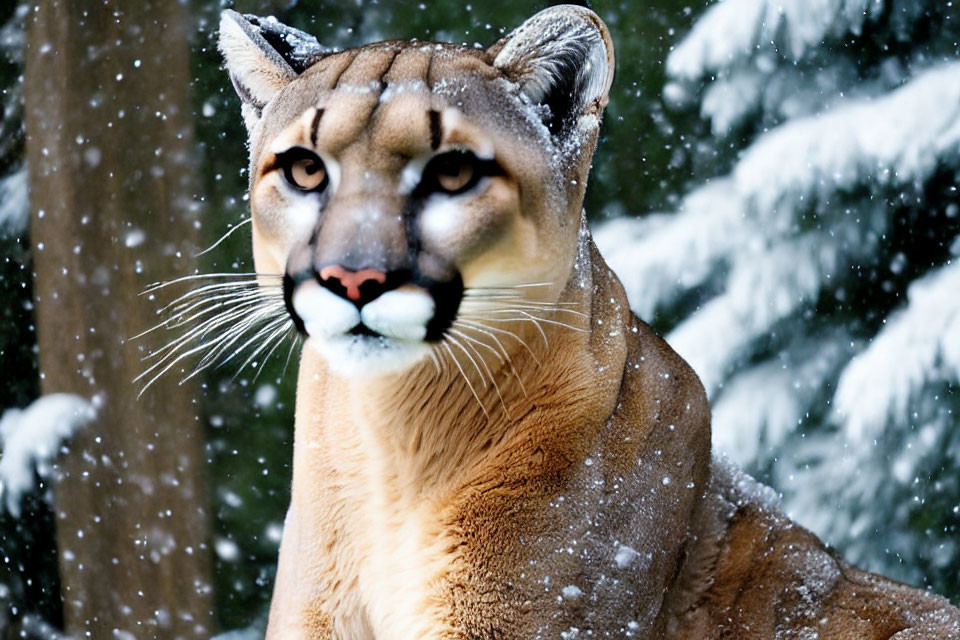 Majestic mountain lion in snowfall with winter forest backdrop