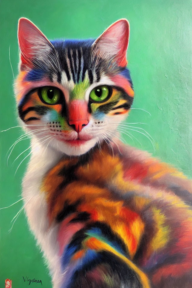 Colorful Cat Painting with Green Background