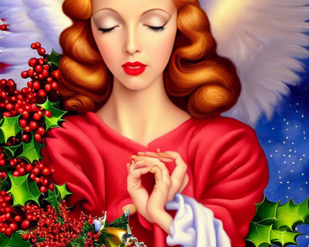 Serene angel with golden hair in red robe holding holly crown