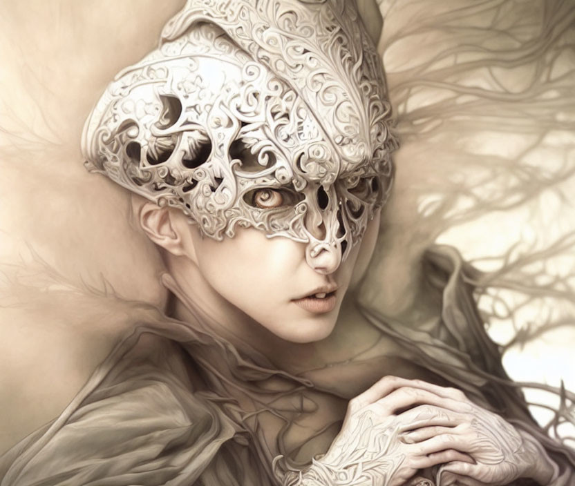 Intricate masked individual in ornate attire and swirling fabric