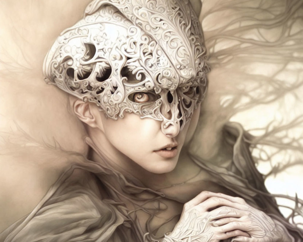 Intricate masked individual in ornate attire and swirling fabric