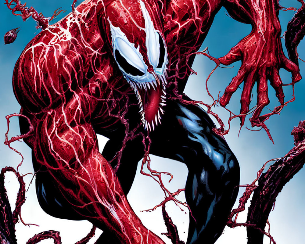 Vibrant red and black symbiote character on blue background