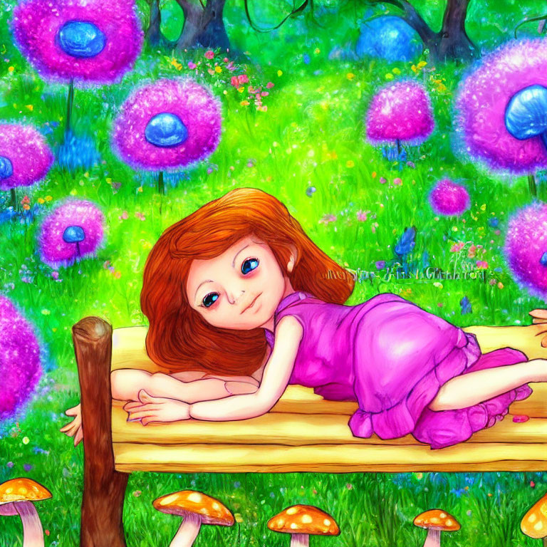 Digital art: Young girl with red hair in whimsical forest