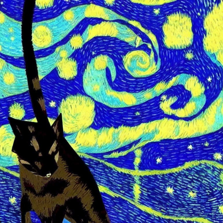 Black cat against Van Gogh-inspired Starry Night backdrop