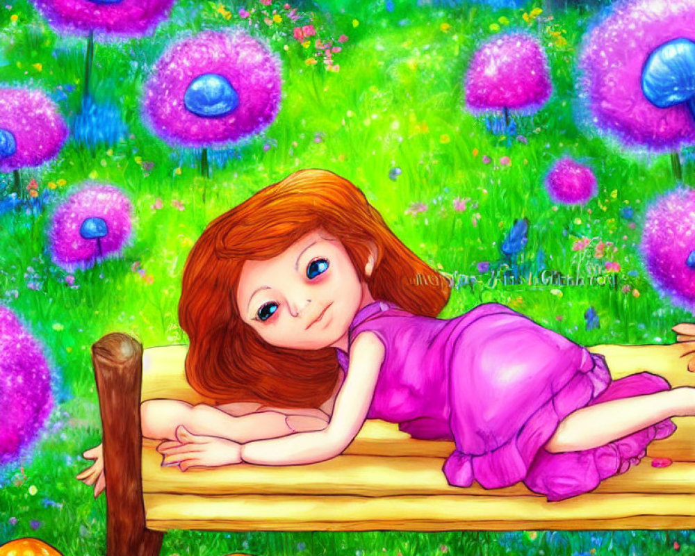 Digital art: Young girl with red hair in whimsical forest
