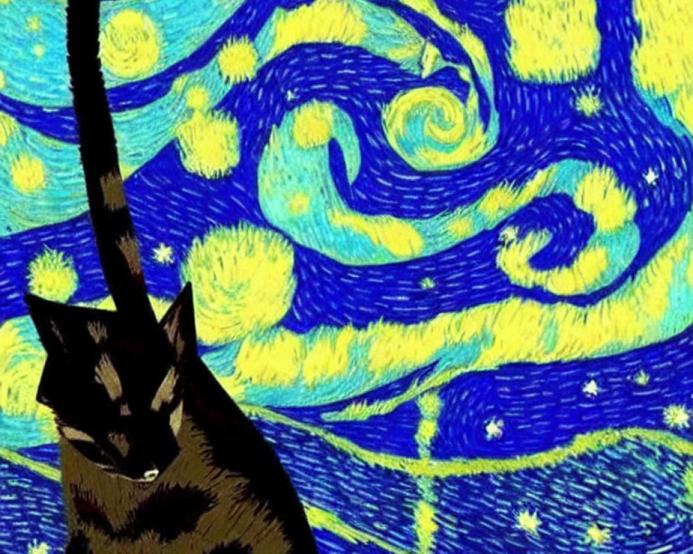 Black cat against Van Gogh-inspired Starry Night backdrop