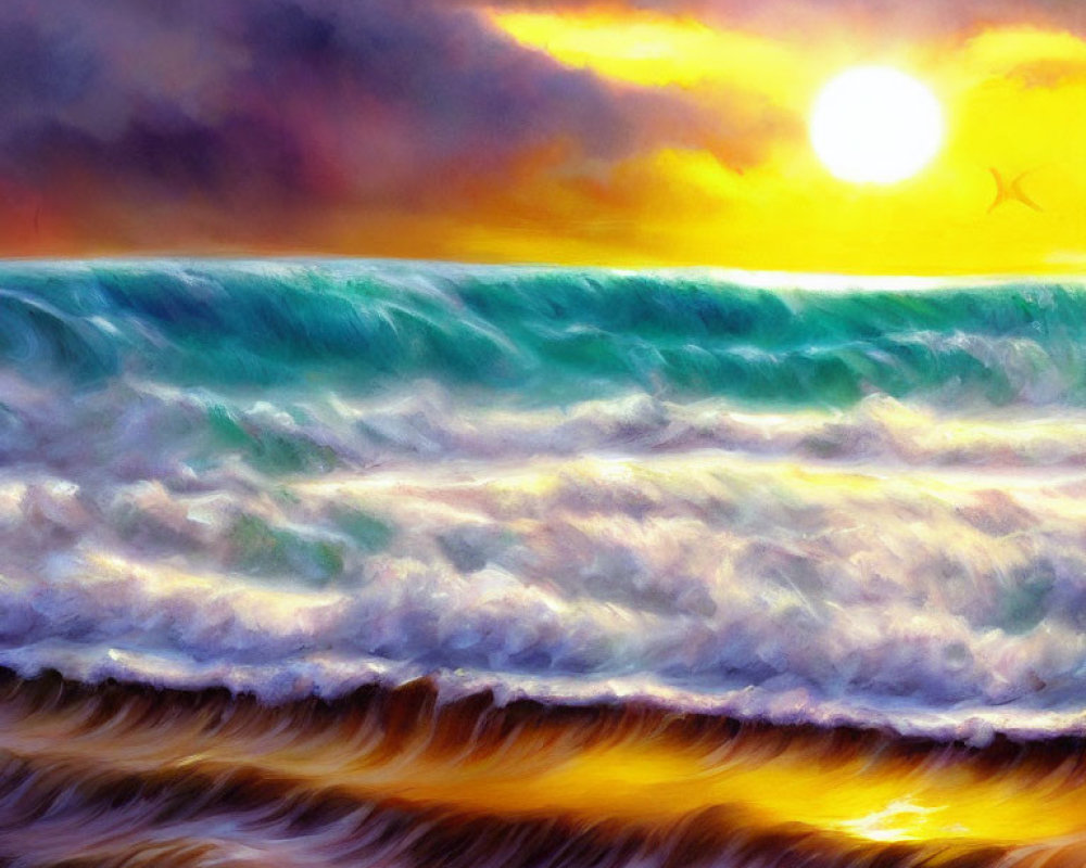 Colorful sunset painting with ocean waves and warm sunlight