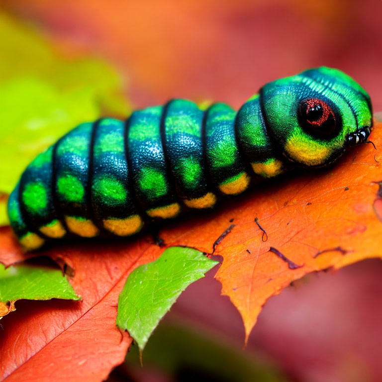 Colorful Caterpillar Resting on Orange Leaf with Patterns and Red Eye Spot