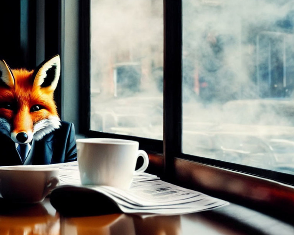 Fox in Suit at Coffee Shop Table with Newspaper and Misty Window View