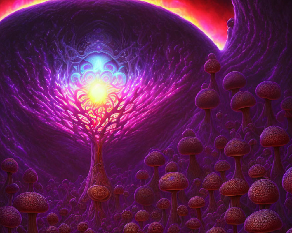Vivid Psychedelic Scene: Glowing Tree, Mushrooms, Eclipse, Purple & Red H