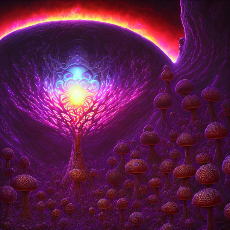 Vivid Psychedelic Scene: Glowing Tree, Mushrooms, Eclipse, Purple & Red H