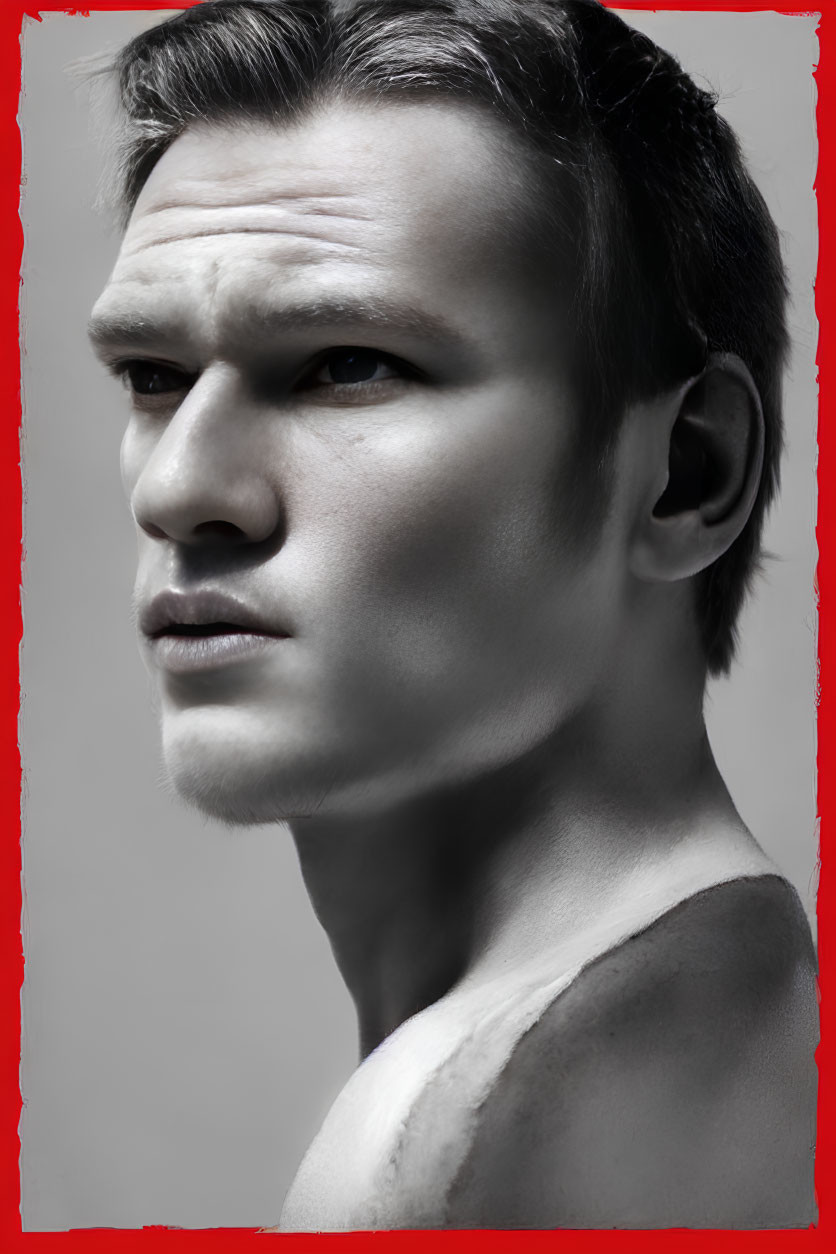 Intense black and white portrait of a man with bare shoulders and dark hair on grey background with red