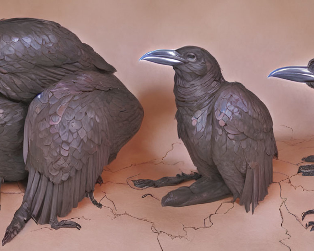 Panoramic artwork featuring five crows on cracked surface