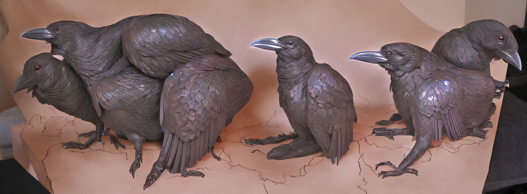 Panoramic artwork featuring five crows on cracked surface