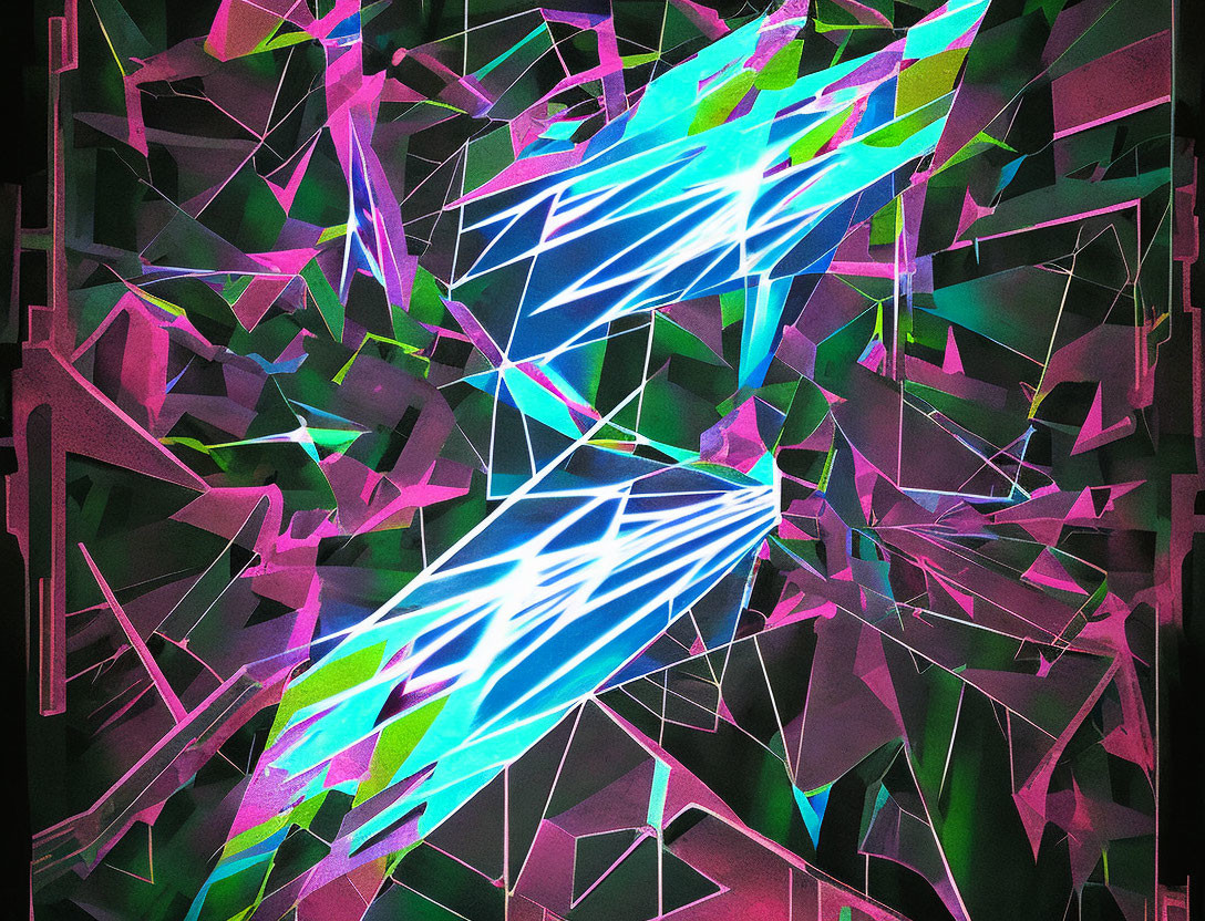 Abstract digital artwork: vibrant neon colors, geometric shapes of shattered glass or crystal formations