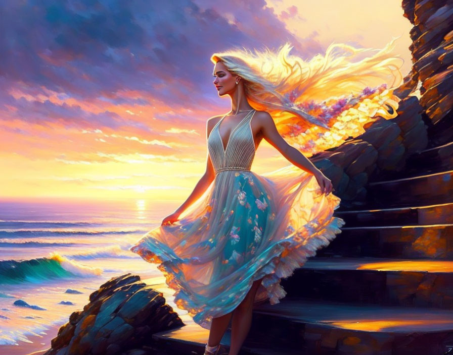 Woman in flowing dress at sunset on coastal steps with fiery hair