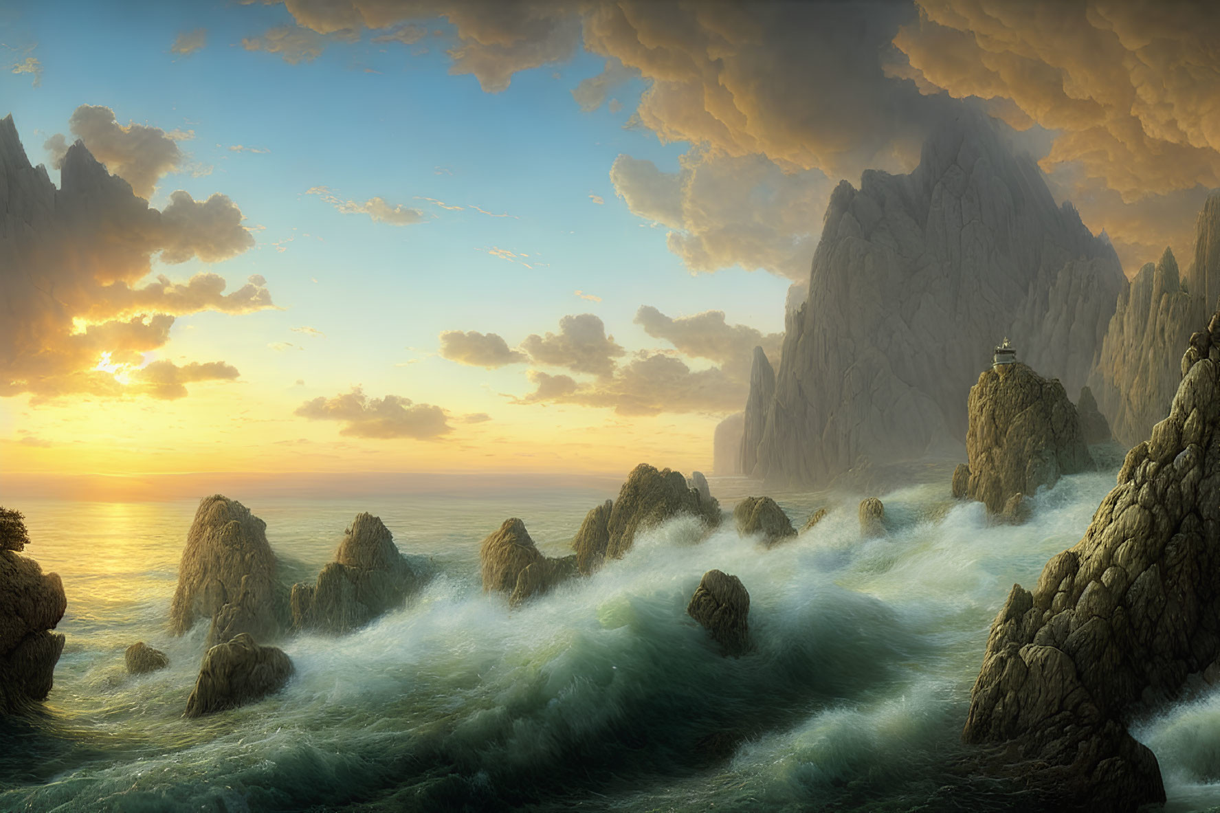 Dramatic seascape: waves, cliffs, warm sunset