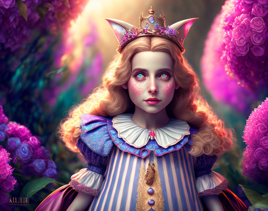Fantastical female character portrait with crown and blue eyes in vibrant setting