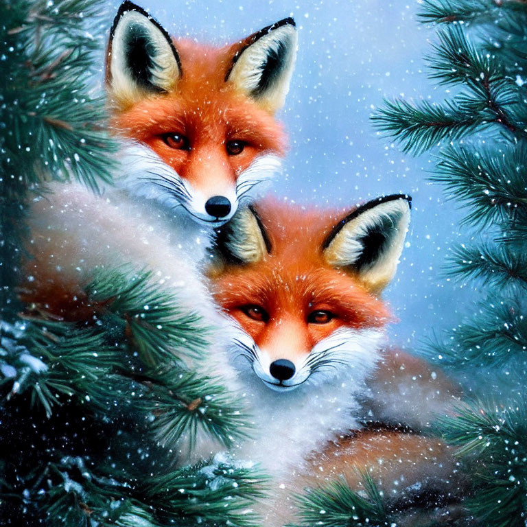 Pair of red foxes in snowy forest with falling snowflakes