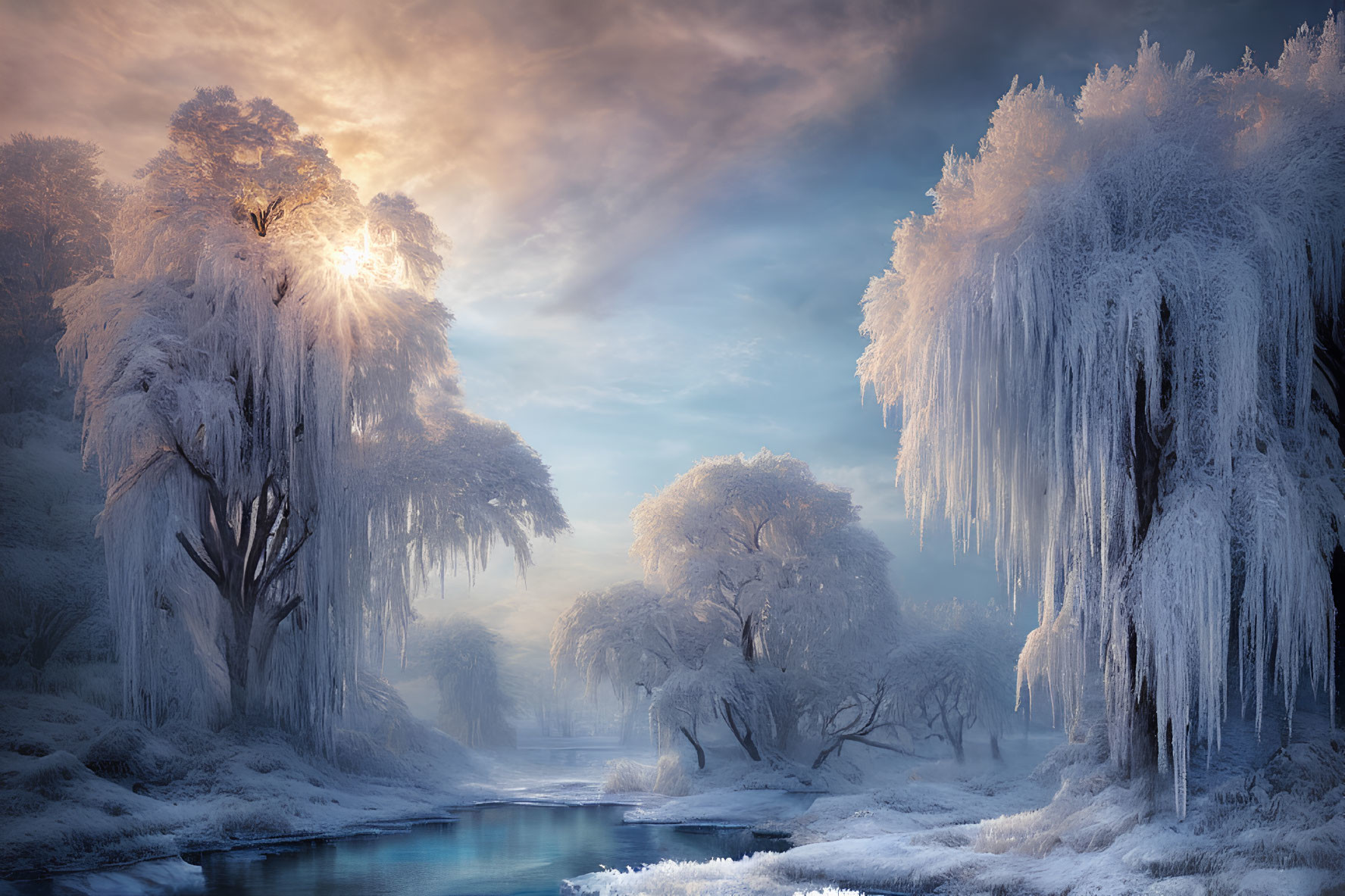 Tranquil winter landscape with frost-covered trees and sunlit skies