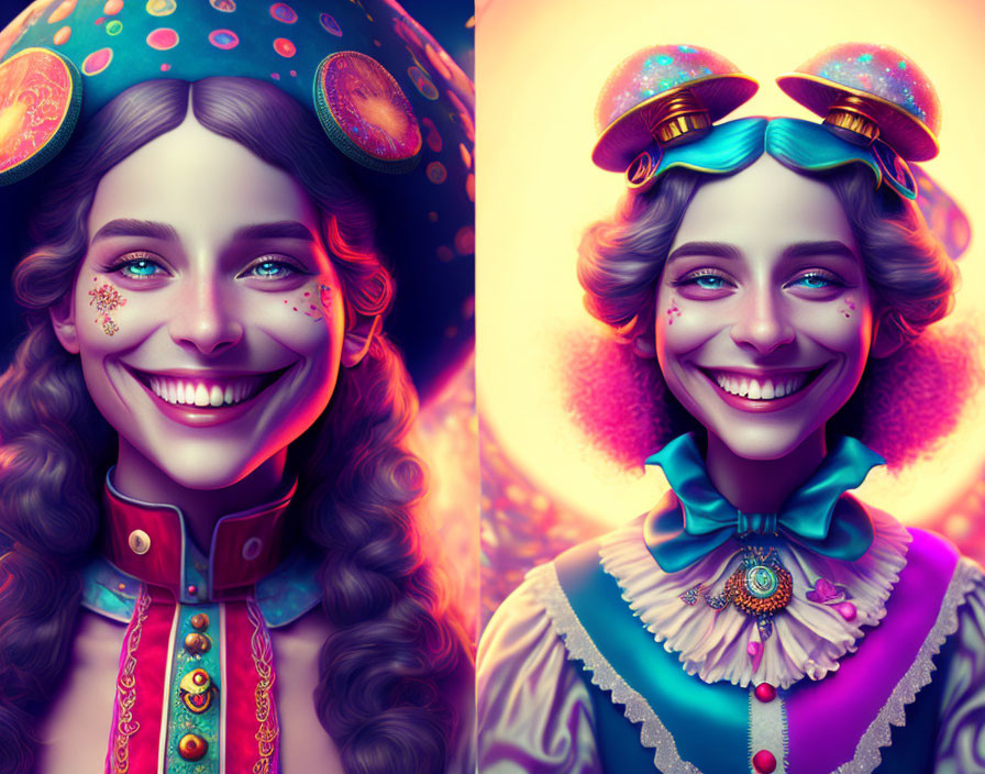 Colorful digital portraits of a woman in fantasy outfits with galaxy-themed headgear.