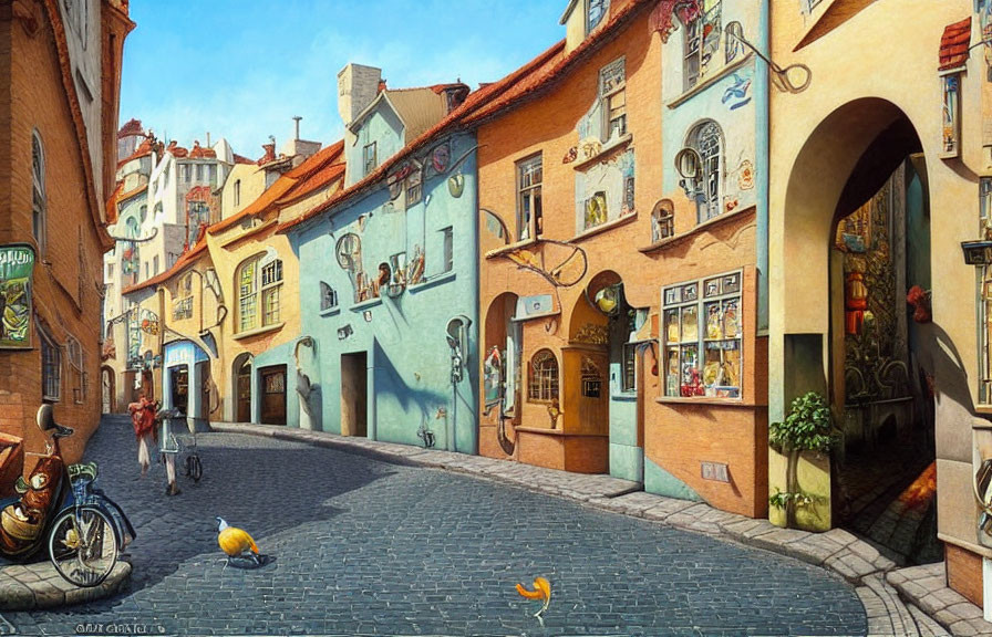 Vibrant European cobblestone street painting with charming buildings and pedestrians