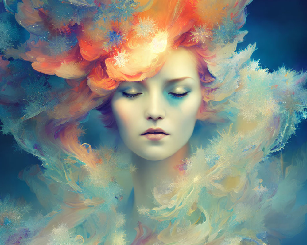 Vibrant fiery hair woman against blue backdrop