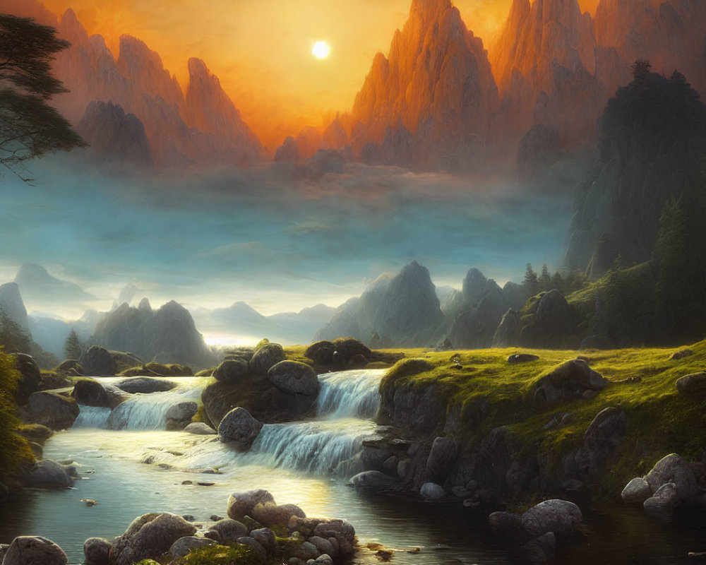 Serene sunrise landscape with cascading river and rugged mountains