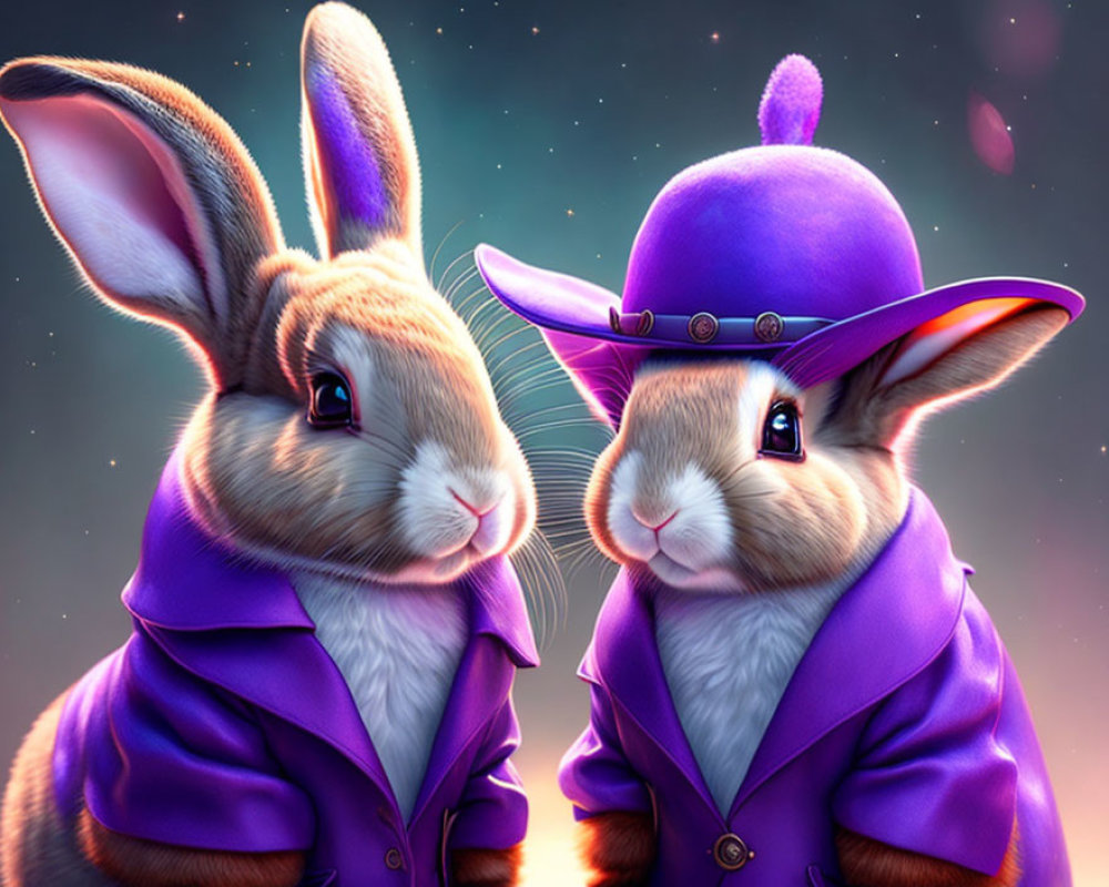 Stylized rabbits in purple jackets and hats on starry backdrop