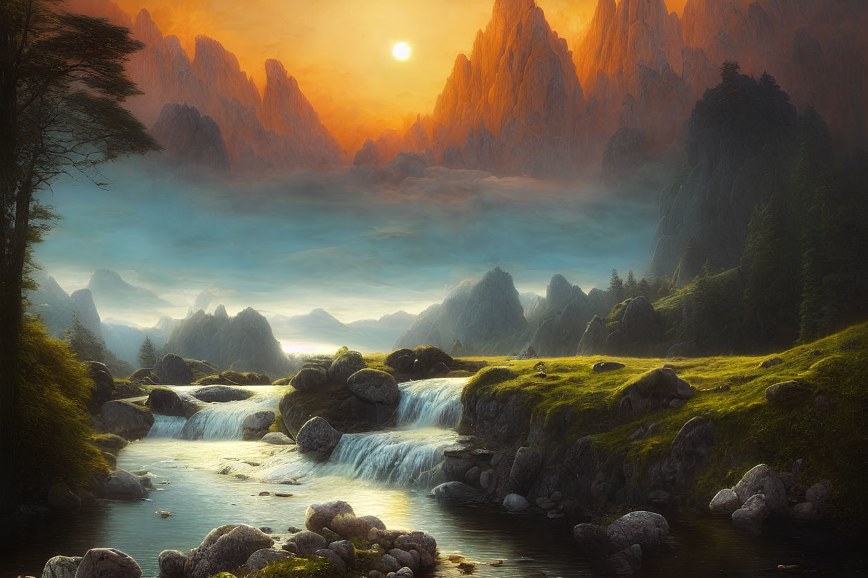 Serene sunrise landscape with cascading river and rugged mountains