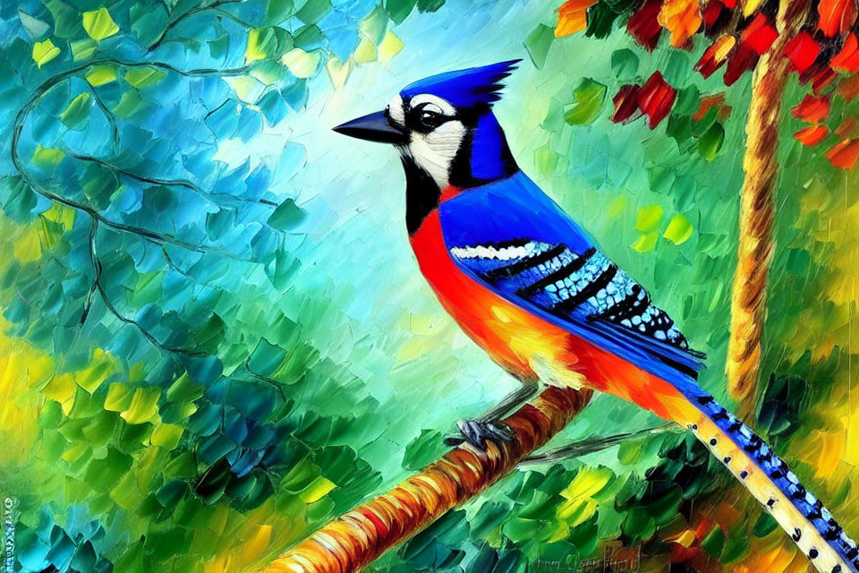Colorful painting of blue jay on branch with impressionistic background