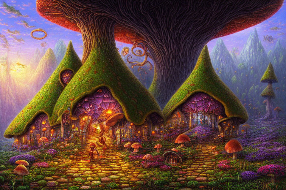 Fantasy landscape with mushroom houses, tree, flora, cobblestone path