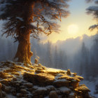 Snowy Forest and Mountain Peaks Winter Landscape at Sunrise