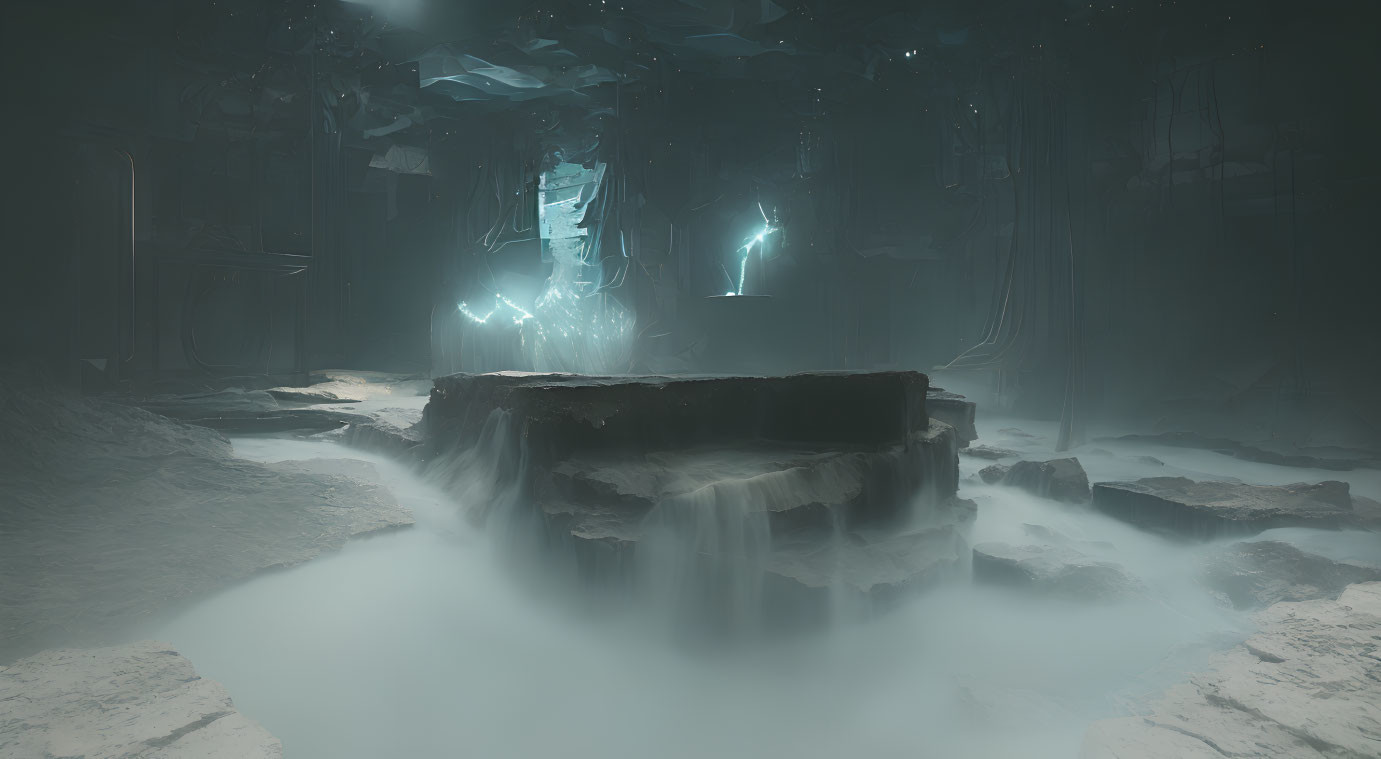 Ethereal underground cavern with glowing crystal and waterfall