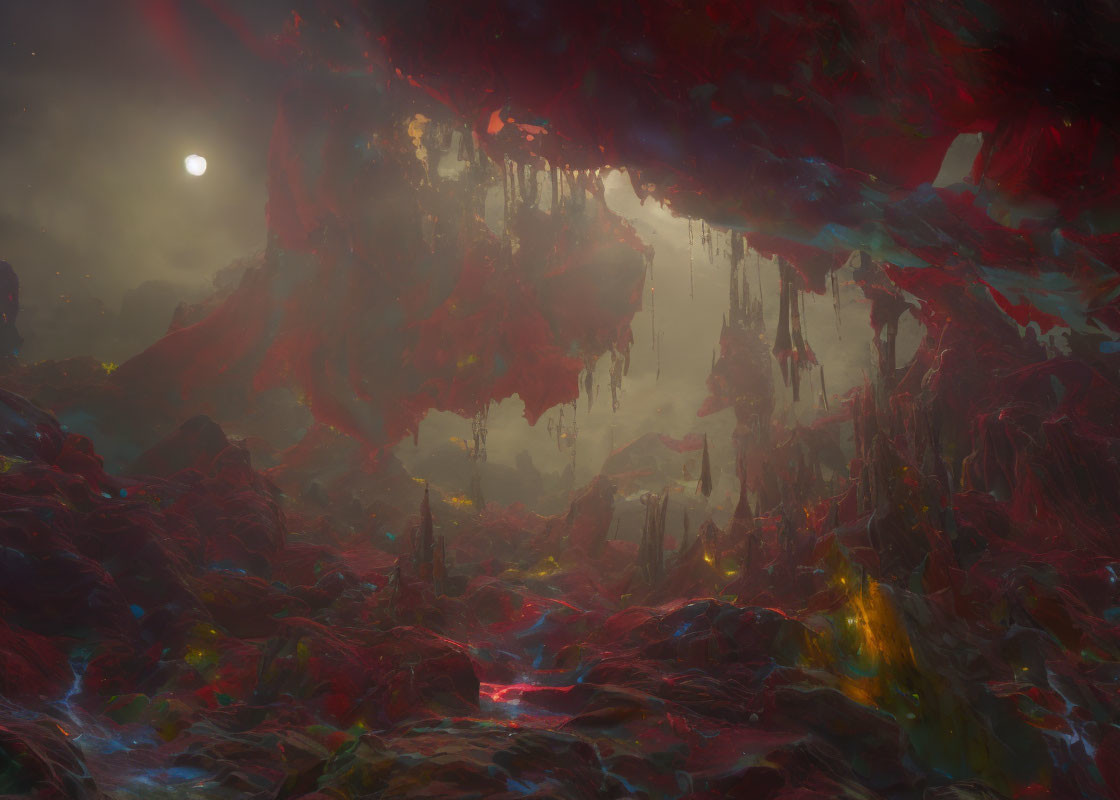 Surreal landscape with red hues, stalactites, glowing elements, and pale sun