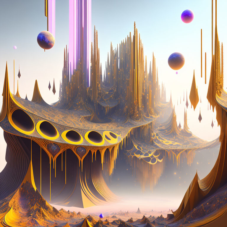 Futuristic surreal landscape with spire-like structures and floating orbs