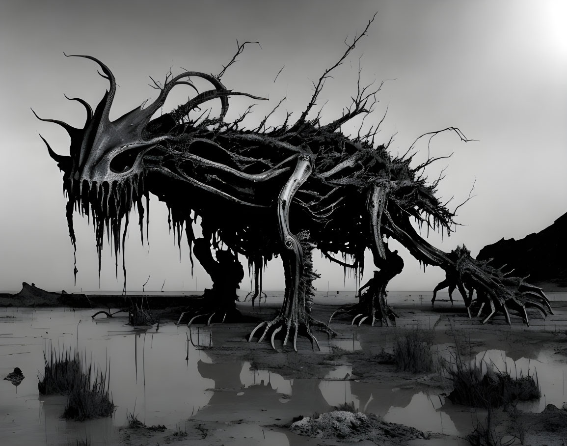 Eerie monochromatic skeletal beast in desolate landscape