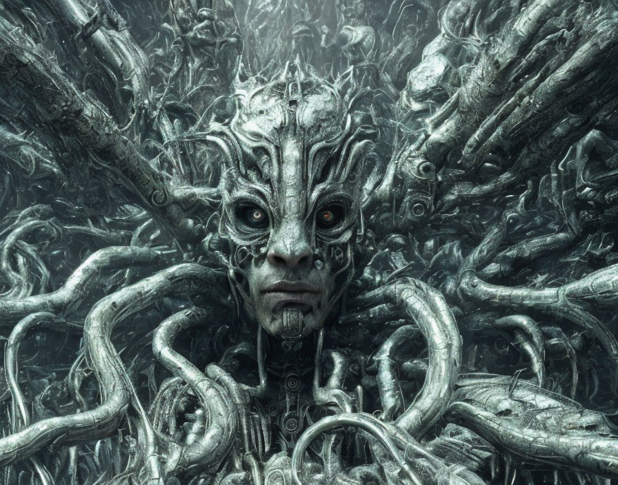 Detailed Fantasy Image: Metallic Humanoid Face with Intricate Patterns and Root-like Structures