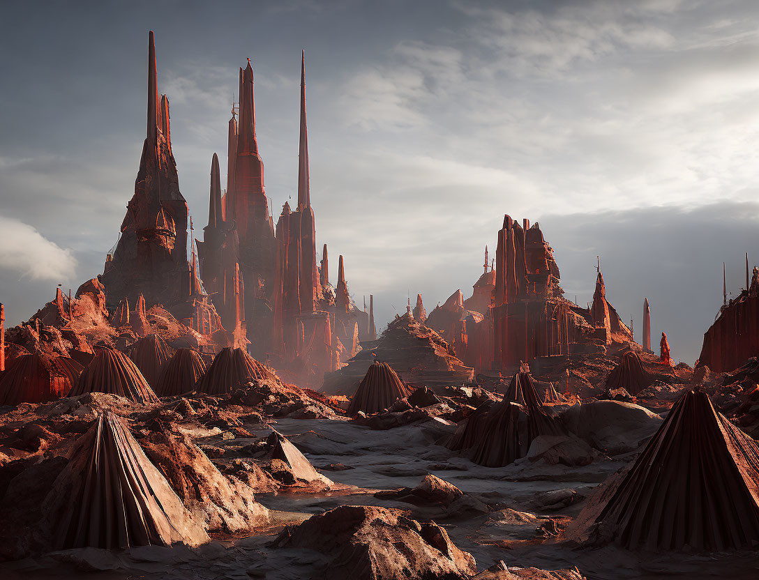 Fantastical landscape with towering spires and rugged terrain