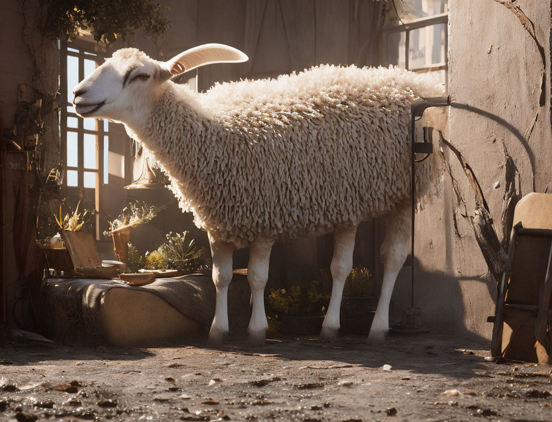 Woolly sheep in sunlit courtyard with rustic decor