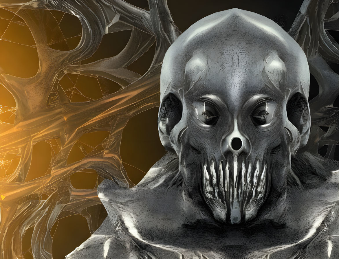 Metallic skull with elongated eye sockets and sharp teeth in a complex golden neural network.