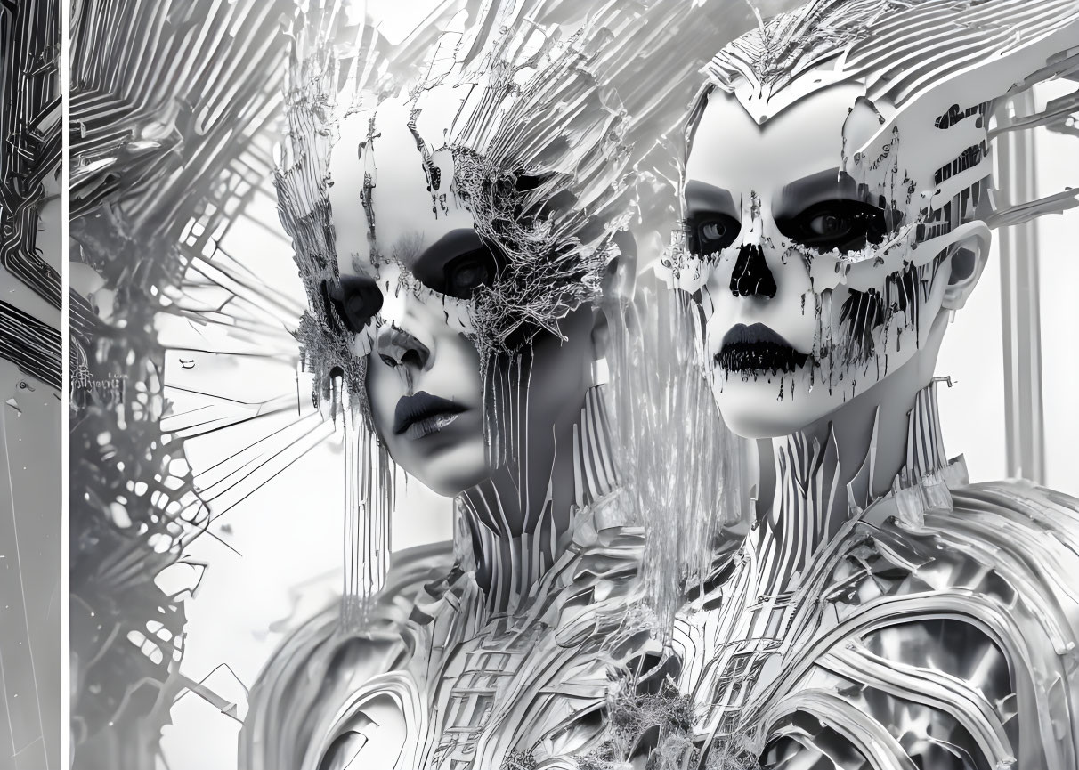 Futuristic humanoid figures with skull-like facial patterns in cybernetic bodysuits