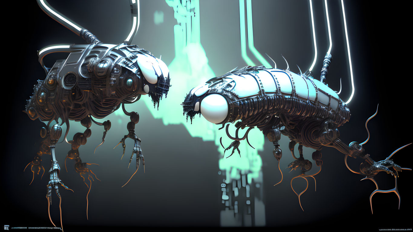 Futuristic robotic creatures with intricate designs and tentacle-like appendages on dark background with neon blue