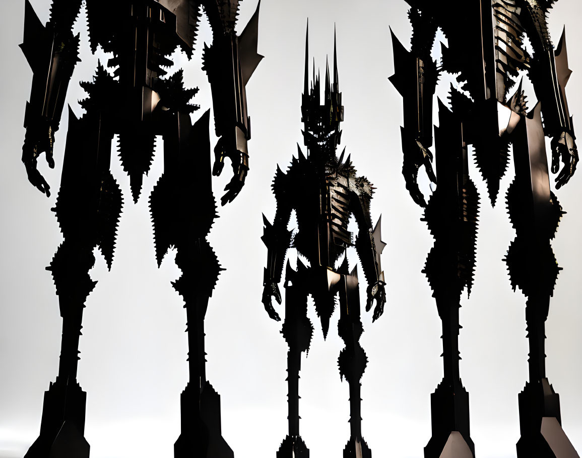 Three Silhouetted Figures in Spiky Armor on Bright Background
