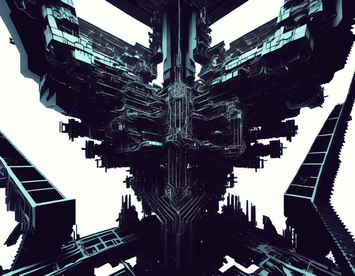Symmetrical digital art: Futuristic cityscape with intricate structures against teal sky